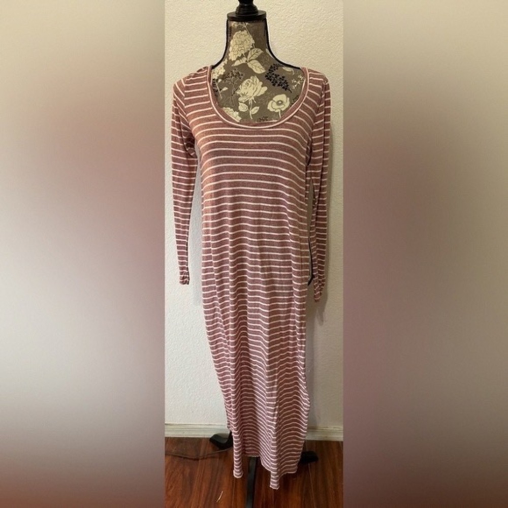 Striped Long Sleeve Maxi Dress - Rose/White